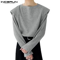 287303G Incerun เสื้อลําลอง แขนยาว เปิดไหล่ บุนวม ทรงหลวม สีพื้น แฟชั่นสําหรับผู้ชาย