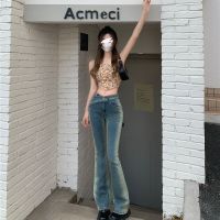 Spring Summer Denim Ladies Oblique Waist Design Jeans Skinny Slim High Waist Flared Pants Niche Zipper Colorblock Trousers Jeans