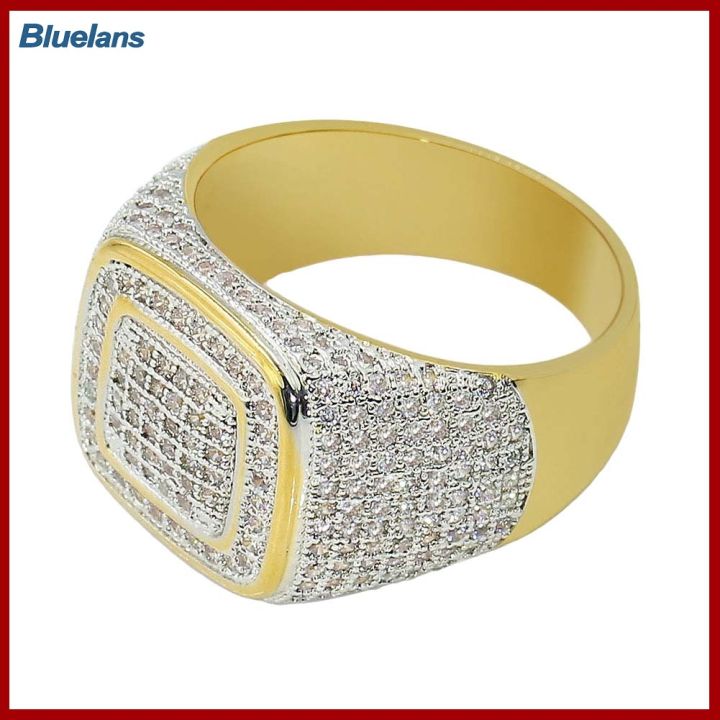 Bluelans®กลิตเตอร์ผู้ชายแหวนสวมนิ้วงานแต่งงานพลอยเทียมฝังเต็มรูปสี่เหลี่ยมเครื่องประดับหมั้น