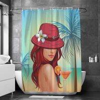 Nordic Minimalist Line Girls Art Bath Curtain หมวกกันแดด Coconut Tree Beach แว่นตากันแดดฤดูร้อน Seagull Rose ห้องน้ำกันน้ำ 180 * 180 ซม