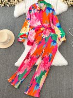 【DT】hot！ Loose Tie-dyed Trousers Shirts Blouses Wide Leg Pantsuit Female Fashion Boho 2 Pieces Outfits