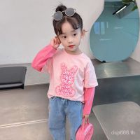 COD 100% cotton childrens womens treasure childrens and Childrens 2023 spring new fake two-piece printed long-sleeved round neck T-shirt base shirt LCPP