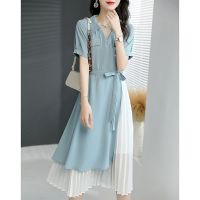 Elegant V-Neck Spliced Loose Bandage Bow Folds Midi Dress Women 39;s Clothing 2023 Summer New Fake Two Pieces Pleated Long Dress