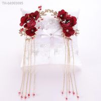 ☸♚▬ Chinese Classic Bride Wedding Hair Jewelry Accessories Red Rose Flower Tassel Hair Pins Crystal Bridal Hairpins Headpiece BH