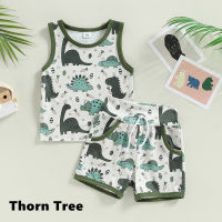 Thorn Tree 2 ชิ้นเด็กวัยหัดเดินเด็กทารกเด็กผู้ชายชุดไดโนเสาร์เสื้อแขนกุด + กางเกงขาสั้นชุดเสื้อผ้า 0-24 เดือน