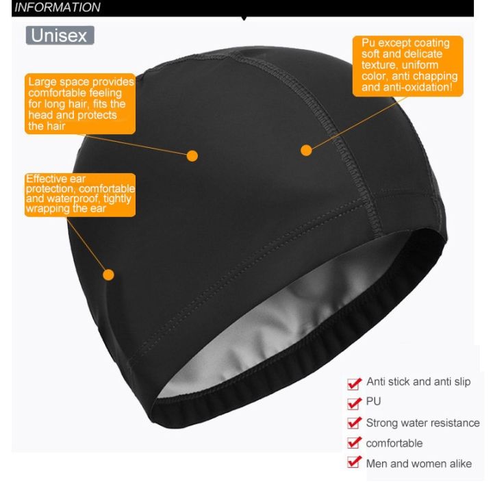 หมวกสีทึบสระว่ายน้ำหมวกว่ายน้ำสำหรับผู้ใหญ่ทำจาก-pu-ยืดหยุ่นได้ป้องกันหูผมยาวฟรีไซส์หมวกอาบน้ำหมวกดำน้ำ