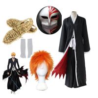 ชุดคอสเพลย์อนิเมะ Ichigo Kurosaki Hollow Mask Ichigo Wig Black Cloak With Straw รองเท้าแตะ ถุงเท้า และกางเกง