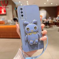 เคสมือจับสำหรับโทรศัพท์มือถือตั้งได้รูปกระต่ายการ์ตูน3D น่ารักสำหรับ VIVO Y20 Y20i Y20S Y20T Y12S Y12A Y02T Y02A Y51 Y53S Y51A Y31 Y50 Y30 Y30i Y02ป้องกันกล้องฝาครอบหลังซิลิโคนชุบทอง + สายคล้อง