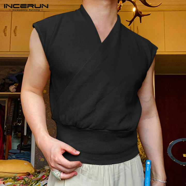 incerun-เสื้อผู้ชายแขนสั้นคอวีเสื้อปาร์ตี้วันหยุดสบายๆเสื้อยืดเสื้อเชิ้ตครึ่งบนผู้หญิง-สไตล์เกาหลี