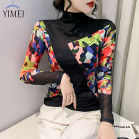 YIMEI เสื้อเต้นรำพิมพ์ลายแฟชั่น2023ฤดูใบไม้ผลิและฤดูใบไม้ร่วงเสื้อยืดผ้าตาข่ายแขนยาวคอสูงตะวันตกสำหรับผู้หญิง