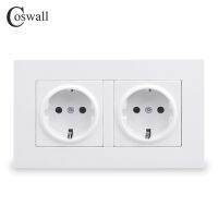 COSWALL Simple Style PC Panel 16A EU Standard Wall Power Double Socket Grounded With Children Protective Lock 146x86mm