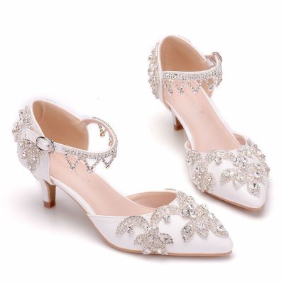 5 cm white diamond thin with pointed tassel sandals with low with large yards short sandals female crystal wedding shoe