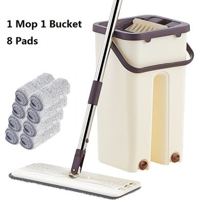 Flat Squeeze Mop and Bucket Hand-Free Wringing Floor Cleaning Mop Wet or Dry Usage Magic Automatic Spin Self Cleaning Lazy Mop