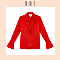 [MILIN] Nasty Long sleeves Bell cuffs Silk satin Collar button front shirt / เสื้อเชิ้ตมีปกแขนกระดิ่งผ้าไหมซาติน สีแดง