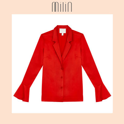 [MILIN] Nasty Long sleeves Bell cuffs Silk satin Collar button front shirt / เสื้อเชิ้ตมีปกแขนกระดิ่งผ้าไหมซาติน สีแดง