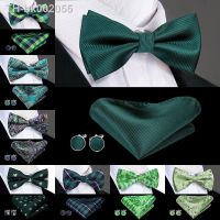 ♠✓ Hi-Tie Christmas Green Bow Ties for Men Silk Butterfly Tie Bow Tie Hanky Cufflinks Set Wedding Party Paisley Plaid Solid Bowtie