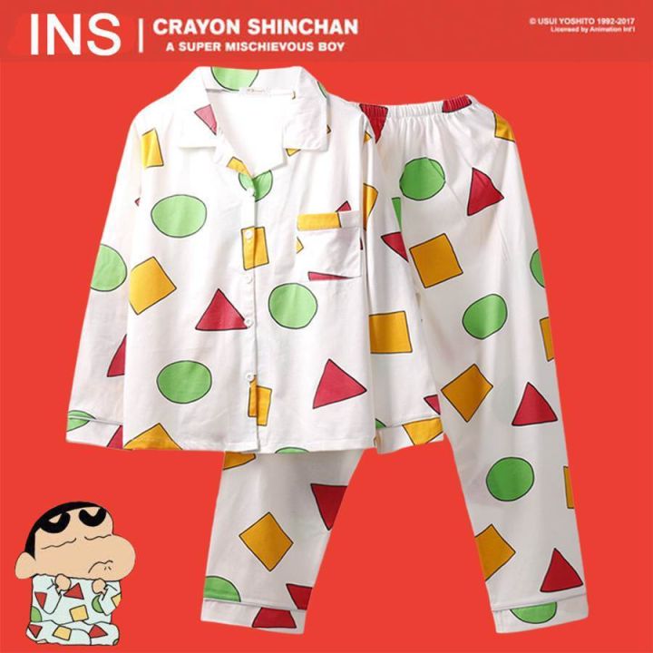 ชินจัง-ผู้ชายและผู้หญิงที่มีชุดการ์ตูนแขนยาววรรคเดียวกันสามารถสวมใส่นอกเน็ตแขนสั้นสีชุดนอนการ์ตูน-cartoon-pajamas-littlestar6-i-vmn