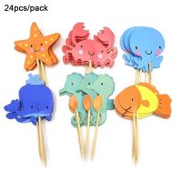 【Fun party】24ชิ้น/แพ็ค Baby 1st BirthdayToppers WithStickSea Star CrabBaby ShowerDecoration Party Supplies