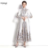 Vacation Style Stand-up Collar Puff Sleeve Long Printed Dress