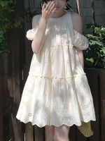 Spot parcel post2023 Halter Dress Female Summer off-Shoulder Doll Bow Loose Puff Sleeves Cake Dress