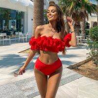 2021 Sexy Double Ruffle Bikinis Women Swimsuit Red High Waist Swimwear Off The Shoulder Bathing Suit Beachwear Bandeau Biquini