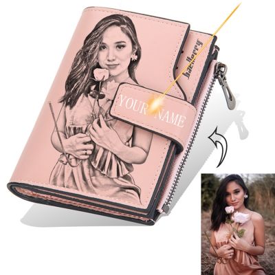 Personalized Photo Name Wallet for Men And Women PU Leather Short Tri-fold Zipper Coin Pocket Retro High Capacity Purse Gift