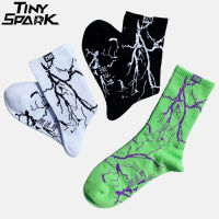 Hip Hop Crew Socks Men Harakuju Streetwear Lightning Printed Socks Cotton Fashion Hipster Socks Skateboard Black White Green