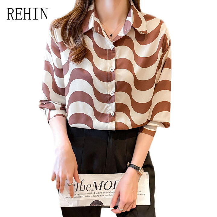 rehin-women-s-to-french-niche-design-wave-pattern-loose-long-sleeved-shirt-lapel-work-wear-chiffon-blouse