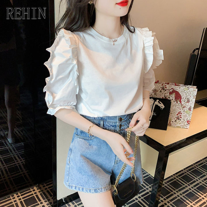 rehin-เสื้อยืดแขนสั้นสีขาวสำหรับผู้หญิง-เสื้อเบลาส์เก๋ๆดีไซน์แบบเฉพาะแขนพองแบบเย็บแต่งระบายสำหรับฤดูร้อน