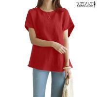 COD dhdfxcz ZANZEA Women Casual Short Sleeve Round Neck Back Elastic Waist Red Top Blouse