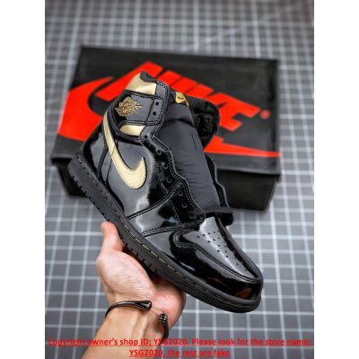 [HOT] ✅Original NK* Ar J0dn 1 High O- G- Black Gold Patent Leather Basketball Shoes Skateboard Shoes{Free Shipping}