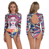 Long Sleeve Rash Guard Women Print Swimsuit UV Protect Swimwear Zipper Surfing Suit Diving Surfing Swimming Rashgaurd