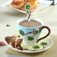 3D Squirrel Hand-painted Enamel Coffee Cup And Saucer Spoon Set Creative Cup Couples Of Coffee Tea Cup Gift Animal Drinkware Art