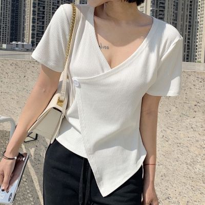 COD DSFDGDFFGHH Fast shipping【 40-100kg fat girl】fatmmcover bellyvcollar top womens short sleeve design irregular summer wear2022new large size slimmingtt-shirt womens fat M-5xl bigsize oversize