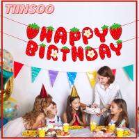 TIINSOO ธีมผลไม้ แบนเนอร์สุขสันต์วันเกิด ตกแต่งงานเลี้ยงวันเกิด สีแดงเเดง แบนเนอร์เฉลิมฉลอง น่ารักน่ารักๆ หนาขึ้น แบนเนอร์สตรอเบอร์รี่ บ้านในร่ม