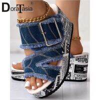 【CC】✙❈  Brand New Ladies Platform Slides Fashion Buckled Denim Print Wedges Heels womens Slippers Woman Shoes