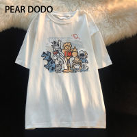 PEAR DODO เสื้อยืดแขนสั้นสำหรับผู้หญิงพิมพ์ลายคอกลมการ์ตูนเกาหลี