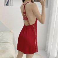 【 WYIN kitchen】 Summer Suspender Nightdress Women Lace Sleepwear Gown Sexy Silky Satin Nightgown Robe Intimate Lingerie Home Dress