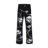 Spot Gifts Diablo Full Of Seal Skull Printing Niche Design Feel Jeans MenS High Street Tide Brand Loose Wide -Leg