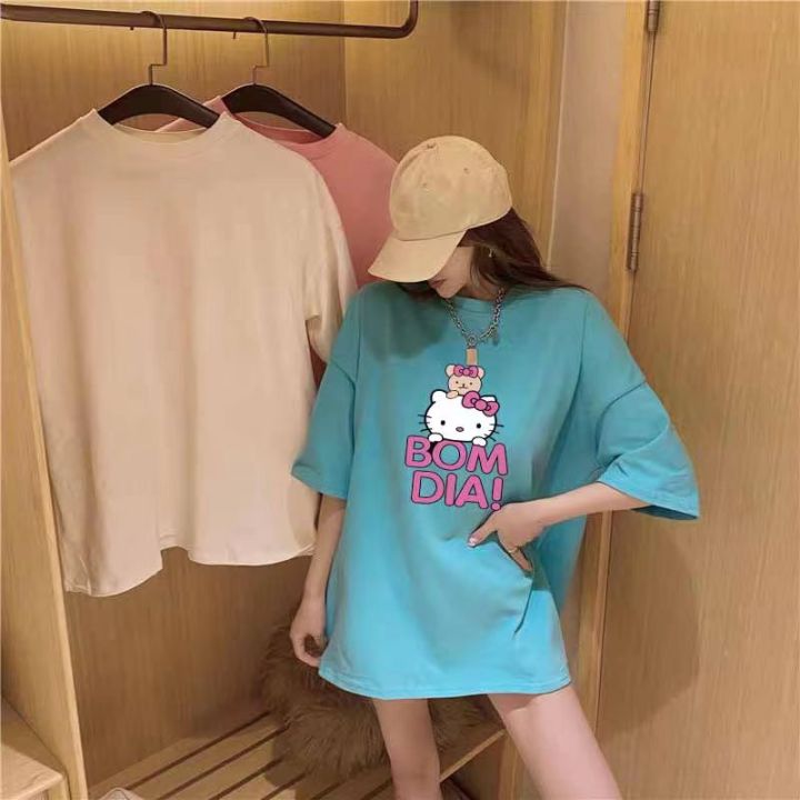 พร้อมส่ง-fashion-dress-shop-เสื้อแขนสั้น-เสื้อยืด-น่ารัก-ลายคิตตี้ตัวน่ารัก-แฟชั่นนเกาหลี-มินิมอล