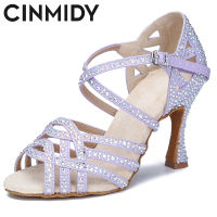 CINMIDY Rhinestones รองเท้าเต้นรำแบบละตินผู้หญิงในร่มกีฬารองเท้าเต้นรำนุ่มสบายด้านล่าง Salsa Performance Dance Shoes