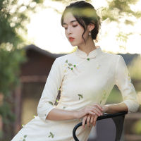 สีขาวแขนยาว Cheongsam 2021ใหม่ยาวชุดต้นฤดูใบไม้ร่วง Elegant ปรับปรุงสไตล์จีน Qipao Dress