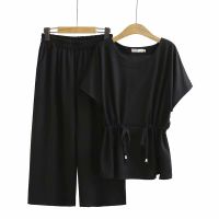 【มีไซส์ใหญ่】Plus Size Women Fashion Set womens Solid Summer Wear New Short Sleeve Top + Cropped Pants Two-piece Suit