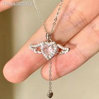 ⊕﹍ Korean Pink Zircon Angel Wings Heart Pendant Necklace for Women Simple Silver Color Long Chain Crystal Necklace Jewelery Party