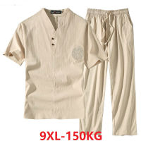 Mens Clothing Large Size Tracksuit Husband 2021 Summer Suit Linen t-shirt Fashion Male Set Chinese Style 8XL 9XL plus Two Piece