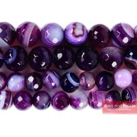 Natural Stone Faceted Purple Stripe Agates Beads 4.6 8 10 12mm Pick Size For Jewelry Making PSB02 Beads