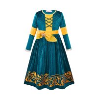 〖jeansame dress〗 Disney Merida Princess ชุดคอสเพลย์เด็กสาวแขนยาวลูกเรือคอเย็บปะติดปะต่อกันชุดสายสำหรับฮาโลวีนปาร์ตี้บทบาทการเล่น