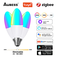 Aubess Tuya Zigbee หลอดไฟ Led E14 RGBCW โคมไฟหรี่แสงได้หลอดไฟเสียงการควบคุมระยะไกลทำงานร่วมกับ Alexa Smart Home