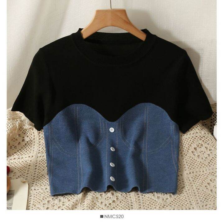 เสื้อยืดแขนสั้น-คอกลม-ผ้าถัก-แฟชั่นฤดูร้อน-สําหรับผู้หญิง-v728