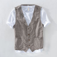 Mans Vintage Linen Suit Vest Slim Material 55linen + 45cotton Vest Male Casual Striped thin Waistcoat Vest Asian Size M-3XL